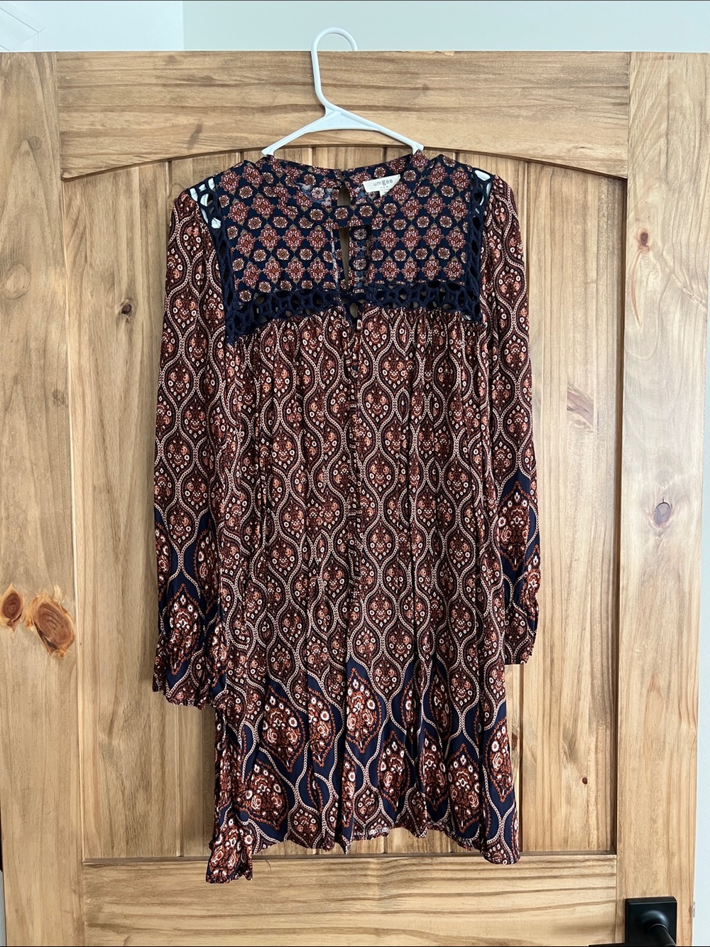 Umgee Navy & Rust Patterned Boho Long Sleeve Dress
